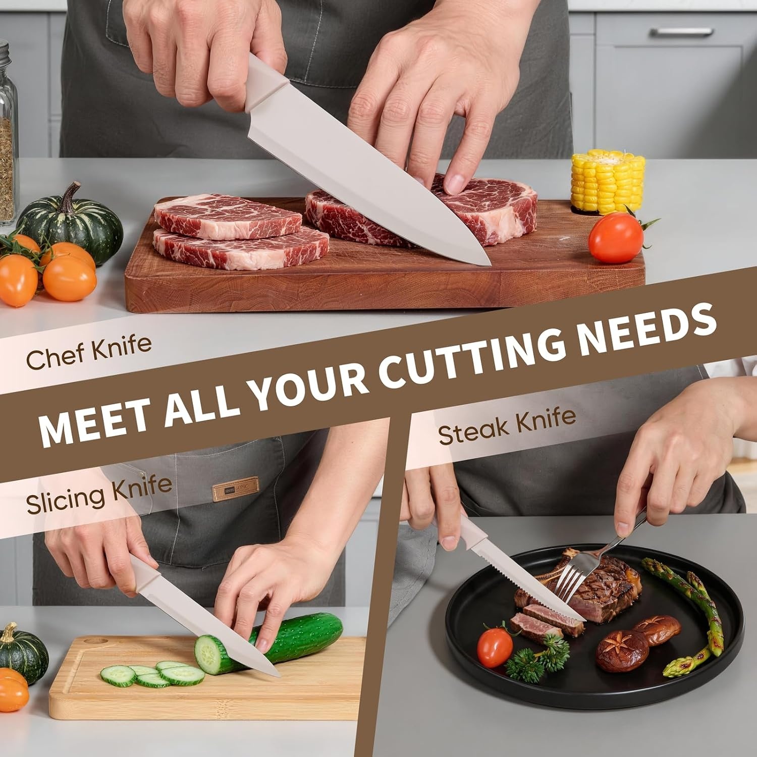 image:imageEfar Knife Set 15Piece Kitchen Knife Block Set with Sharpener High Carbon Steel Chef Paring Steak Knives with Ergonomic NonSlip Handle AntiRust amp Razor Sharp BlackKhaki