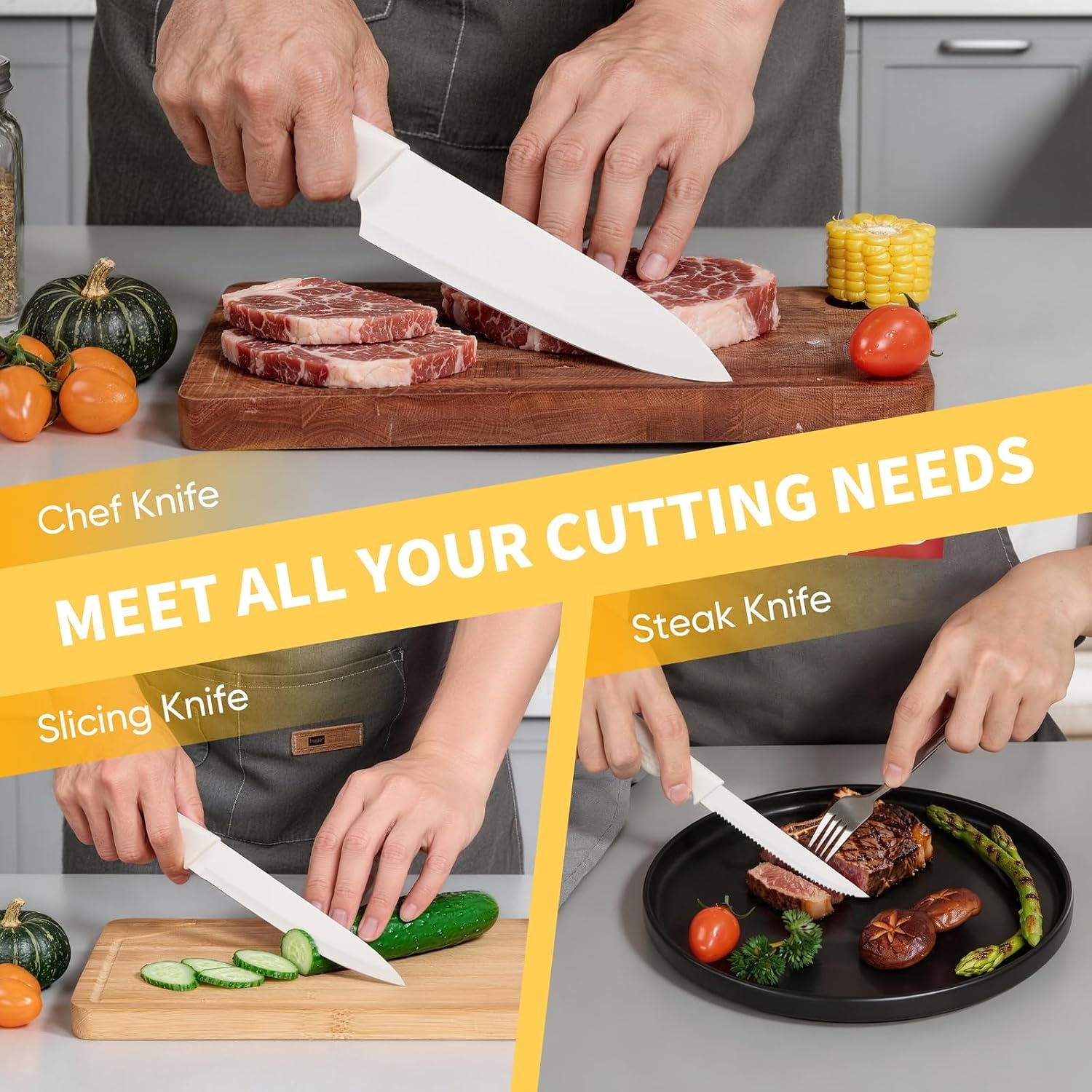 image:imageEfar Knife Set 15Piece Kitchen Knife Block Set with Sharpener High Carbon Steel Chef Paring Steak Knives with Ergonomic NonSlip Handle AntiRust amp Razor Sharp BlackWhite