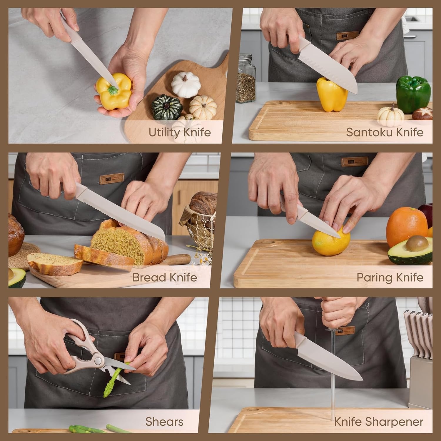image:imageEfar Knife Set 15Piece Kitchen Knife Block Set with Sharpener High Carbon Steel Chef Paring Steak Knives with Ergonomic NonSlip Handle AntiRust amp Razor Sharp BlackKhaki