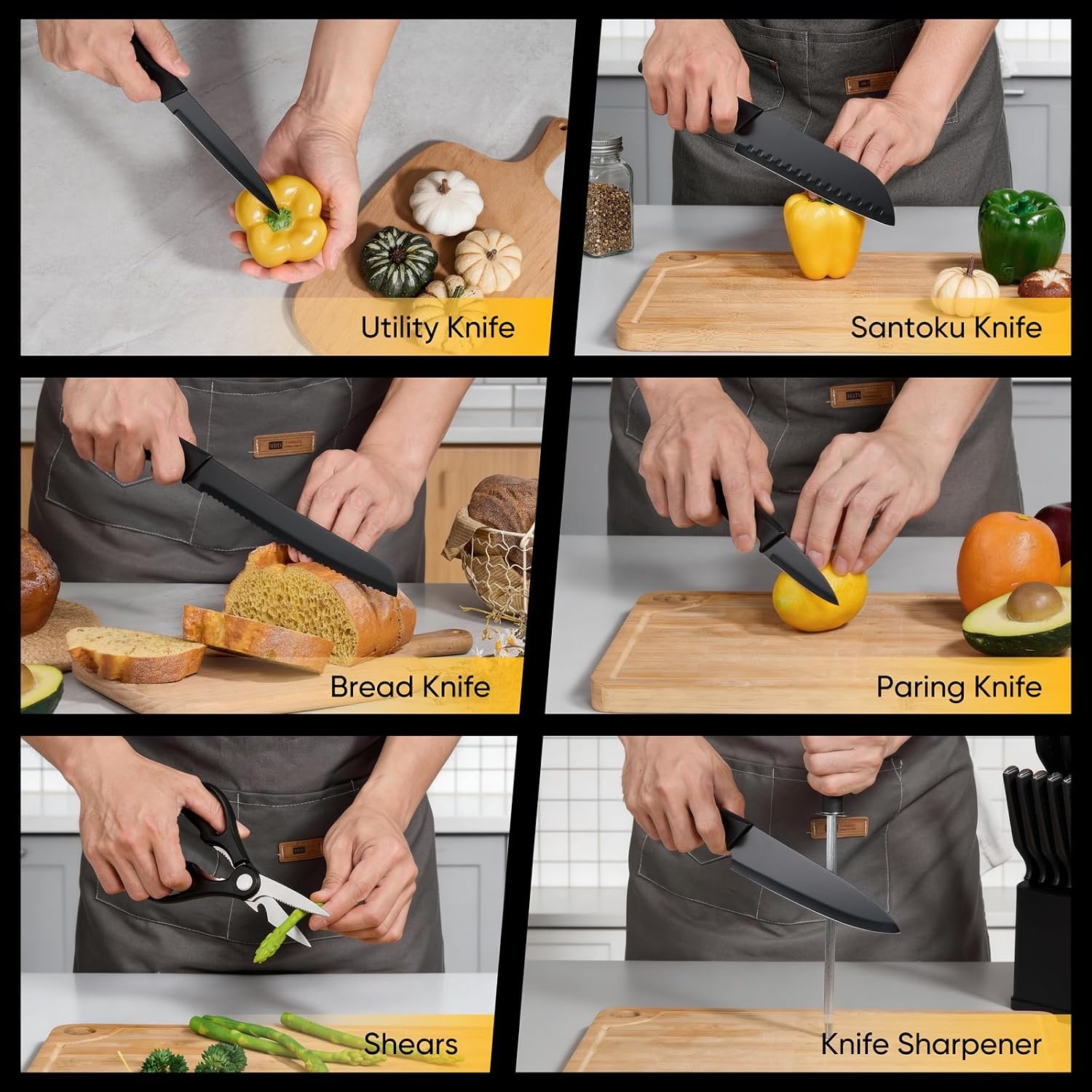 image:imageEfar Knife Set 15Piece Kitchen Knife Block Set with Sharpener High Carbon Steel Chef Paring Steak Knives with Ergonomic NonSlip Handle AntiRust amp Razor Sharp BlackBlack