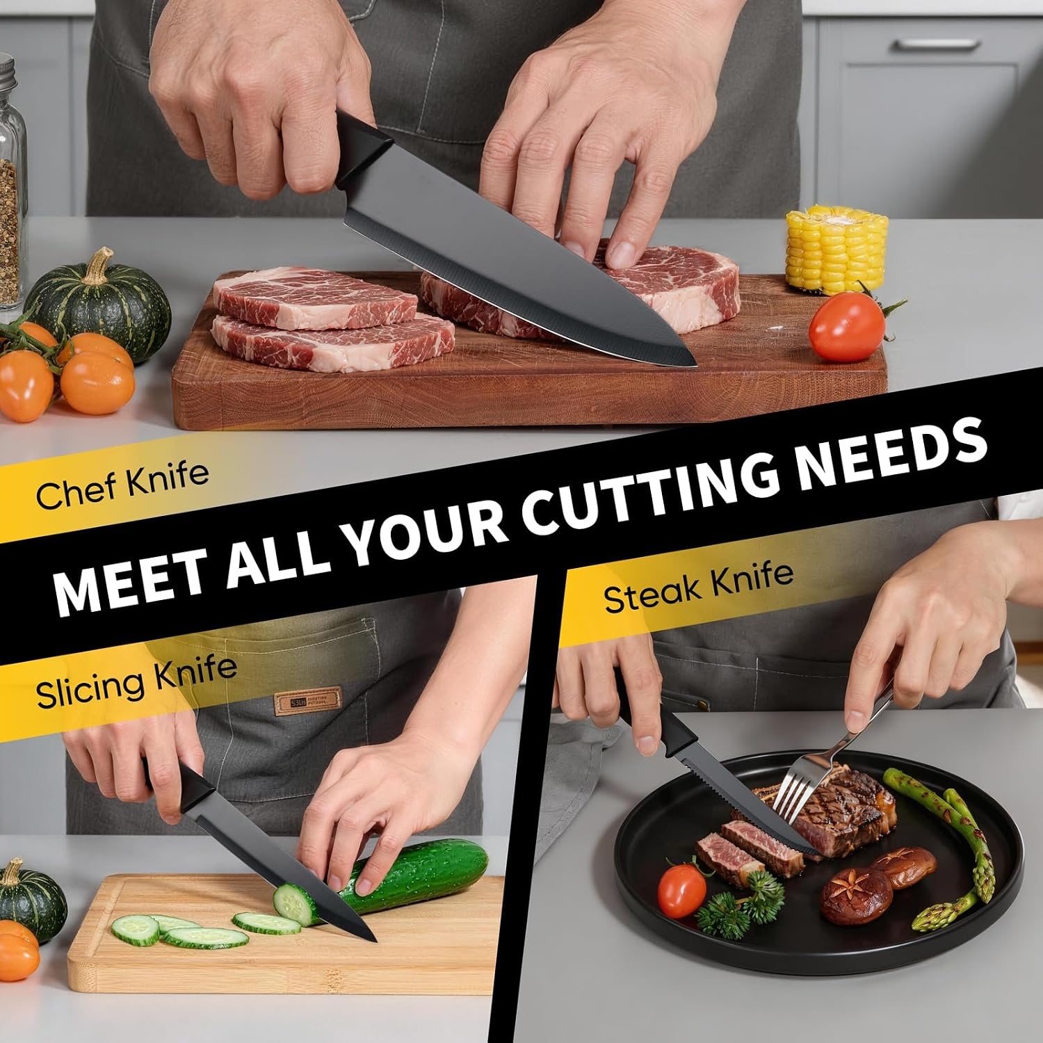 image:imageEfar Knife Set 15Piece Kitchen Knife Block Set with Sharpener High Carbon Steel Chef Paring Steak Knives with Ergonomic NonSlip Handle AntiRust amp Razor Sharp BlackBlack