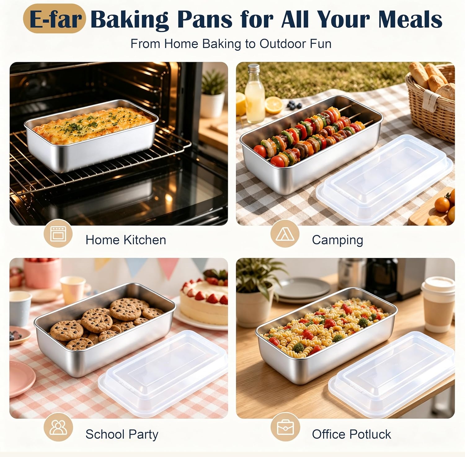 image:imageEfar Loaf Pan with Lids 9 x 5 Inch Stainless Steel Bread Pans for Homemade Bread Rectangle Baking Tins for Sourdough Meatloaf Banana Cake Nontoxic amp Dishwasher Safe Set of 2Set of 1