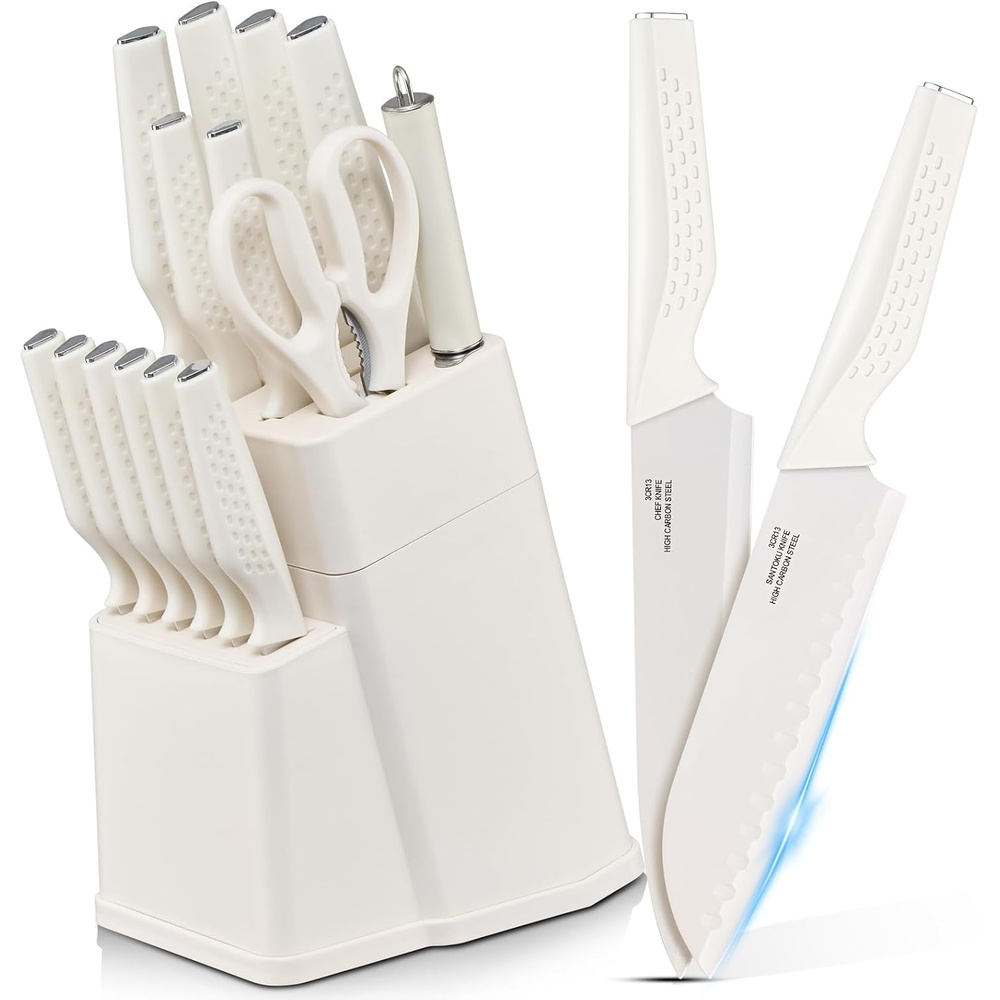 image:imageEfar Knife Set 15Piece Kitchen Knife Block Set with Sharpener High Carbon Steel Chef Paring Steak Knives with Ergonomic NonSlip Handle AntiRust amp Razor Sharp BlackWhite