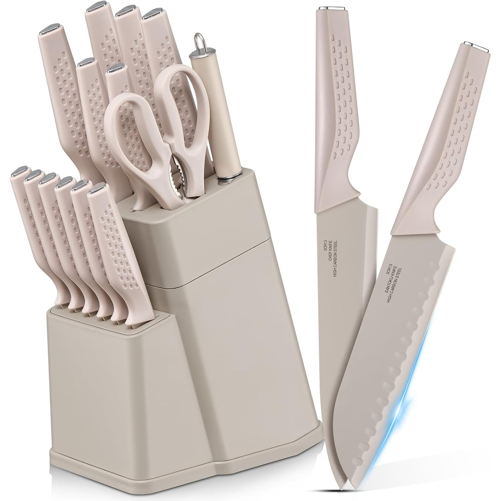 image:imageEfar Knife Set 15Piece Kitchen Knife Block Set with Sharpener High Carbon Steel Chef Paring Steak Knives with Ergonomic NonSlip Handle AntiRust amp Razor Sharp BlackKhaki