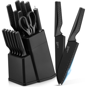 E-far Knife Set, 15-Piece Kitchen Knife Block Set with Sharpener, High Carbon Steel Chef Paring Steak Knives with Ergonomic Non-Slip Handle, Anti-Rust & Razor Sharp, Black(Black)