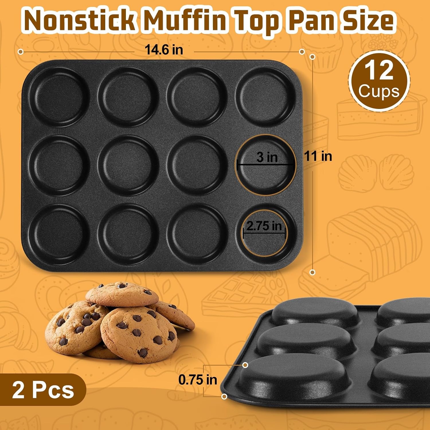 image:imageEfar 12Cavity Muffin Top Pan 3 Inch Nonstick Shallow Cupcake Pan for Yorkshire Pudding Eggs Whoopie Pie Cornbread Easy Release amp Clean Standard SizeNonstick