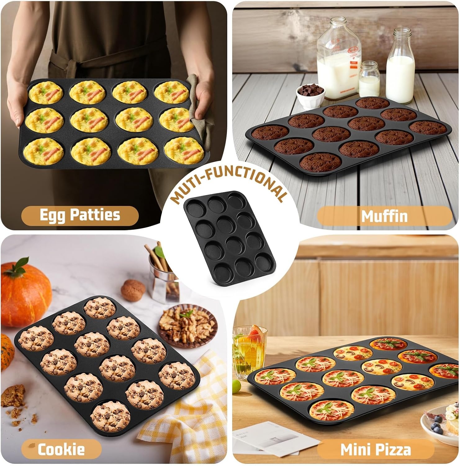 image:imageEfar 12Cavity Muffin Top Pan 3 Inch Nonstick Shallow Cupcake Pan for Yorkshire Pudding Eggs Whoopie Pie Cornbread Easy Release amp Clean Standard SizeNonstick