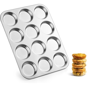 E-far 12-Cavity Muffin Top Pan, 3 Inch Nonstick Shallow Cupcake Pan for Yorkshire Pudding, Eggs, Whoopie Pie, Cornbread, Easy Release & Clean, Standard Size(Stainless Steel)