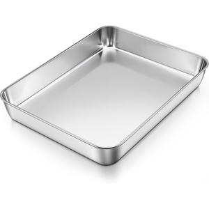 E-far Lasagna Pans with Lids, Stainless Steel Rectangular Cake Baking Pan w/Cover, 12⅓x9¾x2″ Brownie Casserole Oven Tray Sheet, Heavy Duty Metal Bakeware, Anti-Rust & Dishwasher Safe, Set of 2(12.2×9.5)
