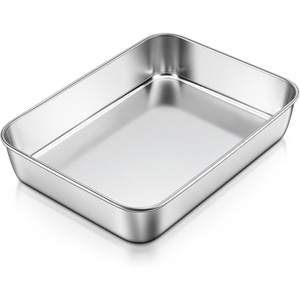 E-far Lasagna Pans with Lids, Stainless Steel Rectangular Cake Baking Pan w/Cover, 12⅓x9¾x2″ Brownie Casserole Oven Tray Sheet, Heavy Duty Metal Bakeware, Anti-Rust & Dishwasher Safe, Set of 2(9.1×6.7)
