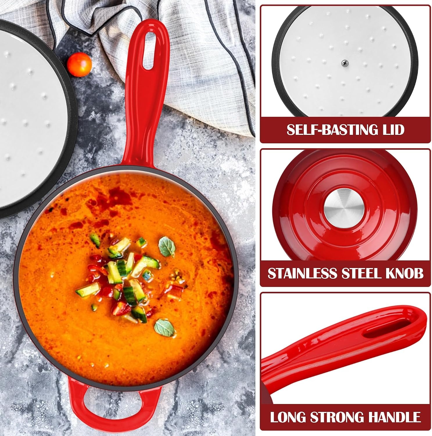 image:imageEfar 1Qt amp 2Qt Enameled Cast Iron Sauce Pan Set with Selfbasting Lids Small Heavy Duty Dutch Oven Pot for All Kitchen Stove InductionReady amp Easy Clean PinkRed