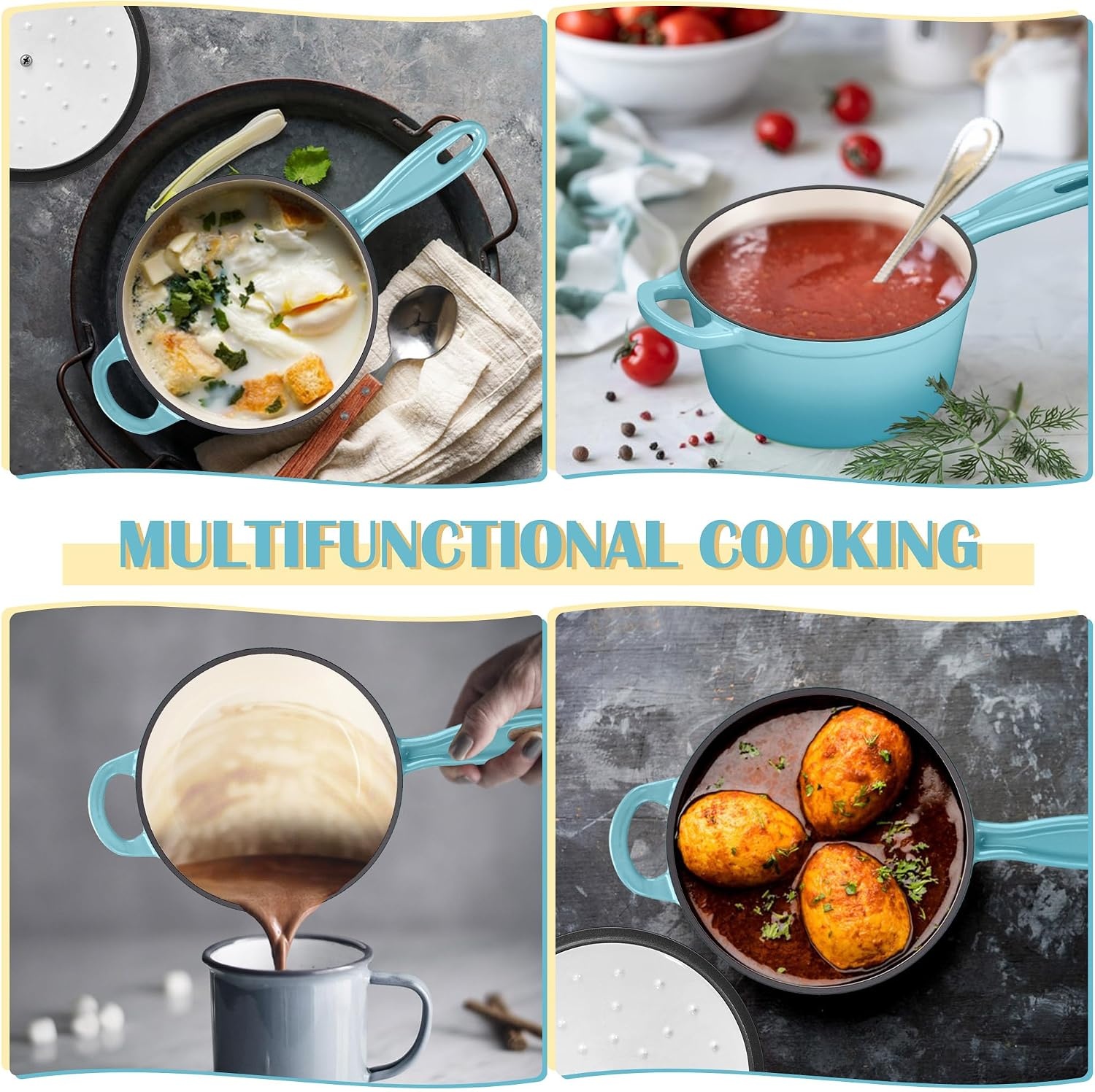 image:imageEfar 1Qt amp 2Qt Enameled Cast Iron Sauce Pan Set with Selfbasting Lids Small Heavy Duty Dutch Oven Pot for All Kitchen Stove InductionReady amp Easy Clean PinkLight Blue