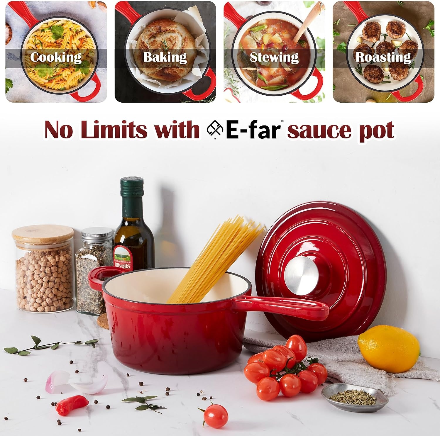 image:imageEfar 1Qt amp 2Qt Enameled Cast Iron Sauce Pan Set with Selfbasting Lids Small Heavy Duty Dutch Oven Pot for All Kitchen Stove InductionReady amp Easy Clean PinkRed