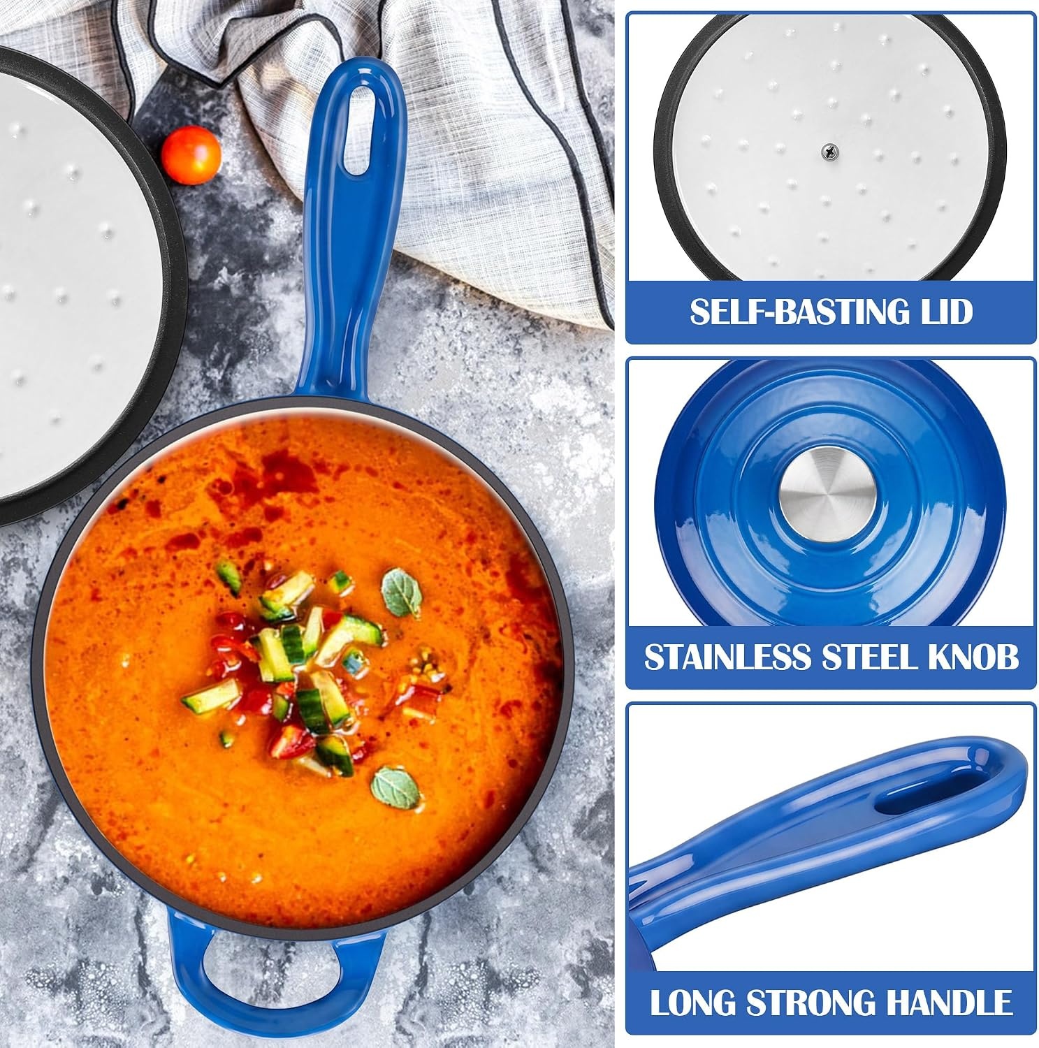 image:imageEfar 1Qt amp 2Qt Enameled Cast Iron Sauce Pan Set with Selfbasting Lids Small Heavy Duty Dutch Oven Pot for All Kitchen Stove InductionReady amp Easy Clean PinkDeep Blue
