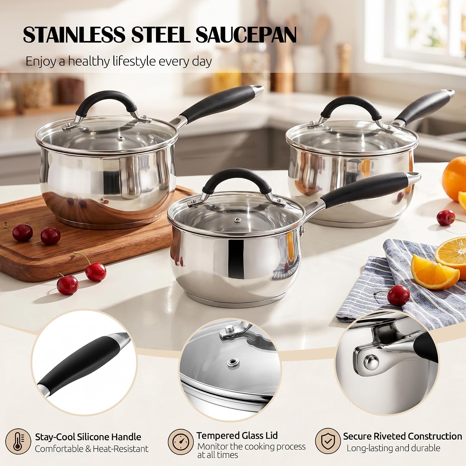 image:imageEfar 3 Quart Saucepan TriPly Base Stainless Steel Sauce Pot with Lid Small Milk Sauce Pan with StayCool Handle for Home Kitchen Cooking Compatible with All Cooktops Nontoxic Dishwasher Safe3 Quart