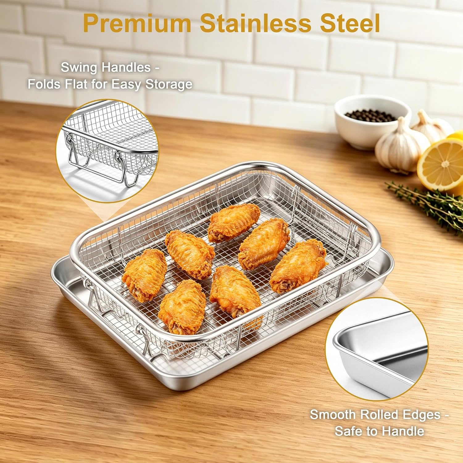 image:imageEfar Air Fryer Basket for Oven Large Air Fryer Basket amp Tray 18 x 13 Stainless Steel Crisper Tray amp Baking Pan for Oven Cooking Broiling Grilling Heavy Duty amp Dishwasher Safe94 x 73