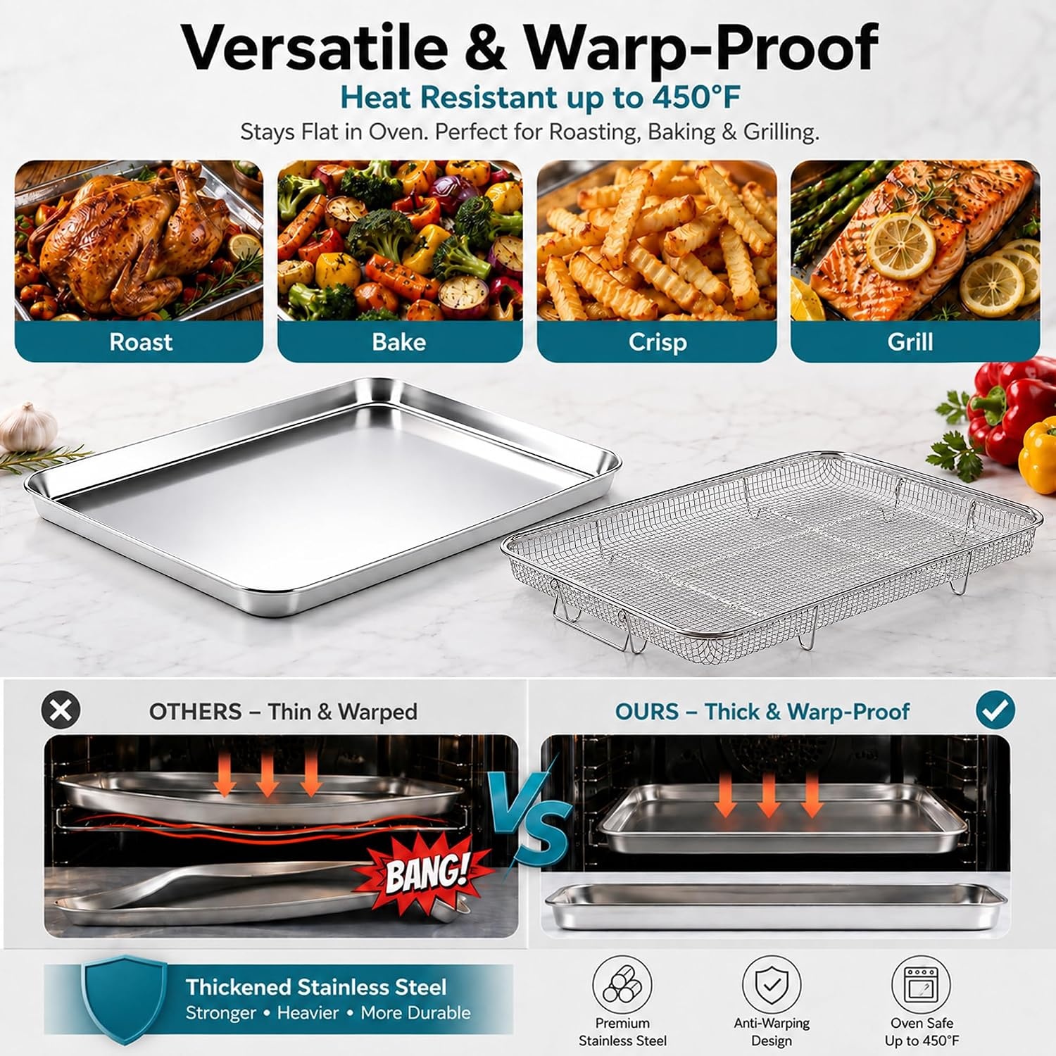 image:imageEfar Air Fryer Basket for Oven Large Air Fryer Basket amp Tray 18 x 13 Stainless Steel Crisper Tray amp Baking Pan for Oven Cooking Broiling Grilling Heavy Duty amp Dishwasher Safe177 x 13