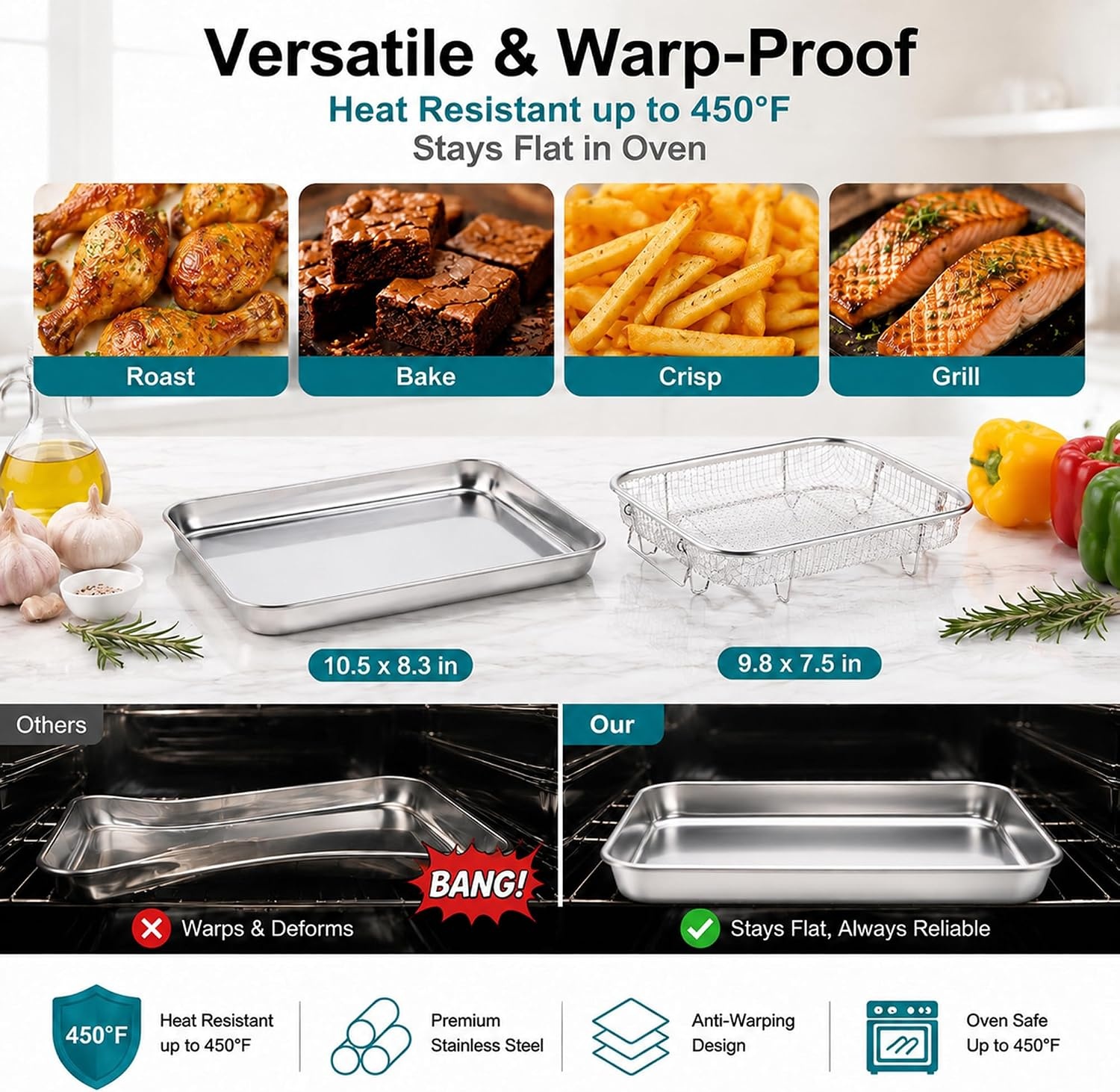 image:imageEfar Air Fryer Basket for Oven Large Air Fryer Basket amp Tray 18 x 13 Stainless Steel Crisper Tray amp Baking Pan for Oven Cooking Broiling Grilling Heavy Duty amp Dishwasher Safe105 x 83