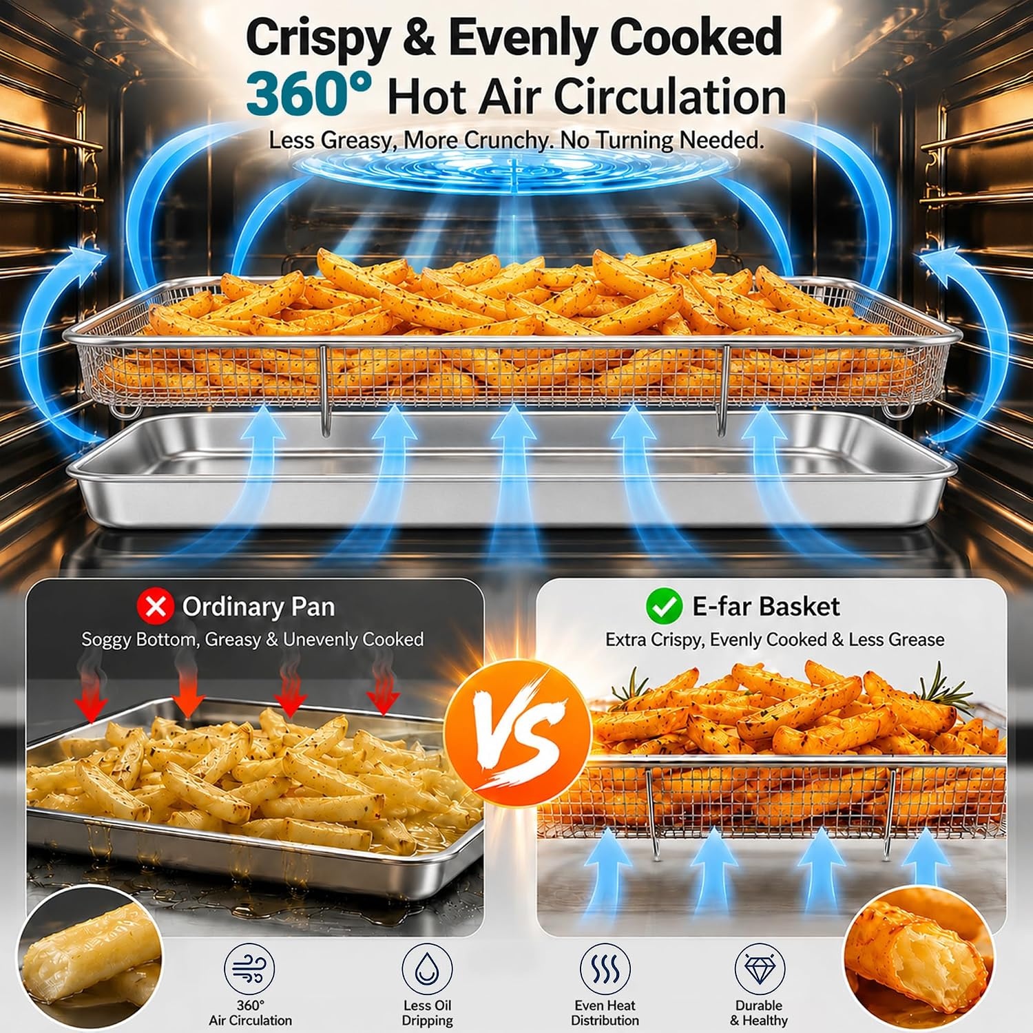 image:imageEfar Air Fryer Basket for Oven Large Air Fryer Basket amp Tray 18 x 13 Stainless Steel Crisper Tray amp Baking Pan for Oven Cooking Broiling Grilling Heavy Duty amp Dishwasher Safe177 x 13
