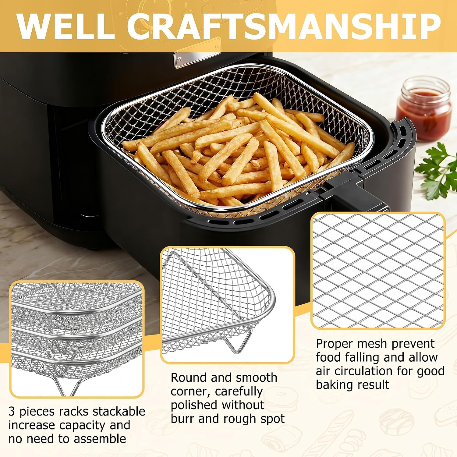 image:imageEfar Air Fryer Racks 77x53 Rectangle Dual Basket Air Fryer Accessories 3Tier Stackable Stainless Steel Cooking Rack Set for Frying Roasting WSilicon Feet amp Antiscald Clip Dishwasher Safe773 inch Square Rack