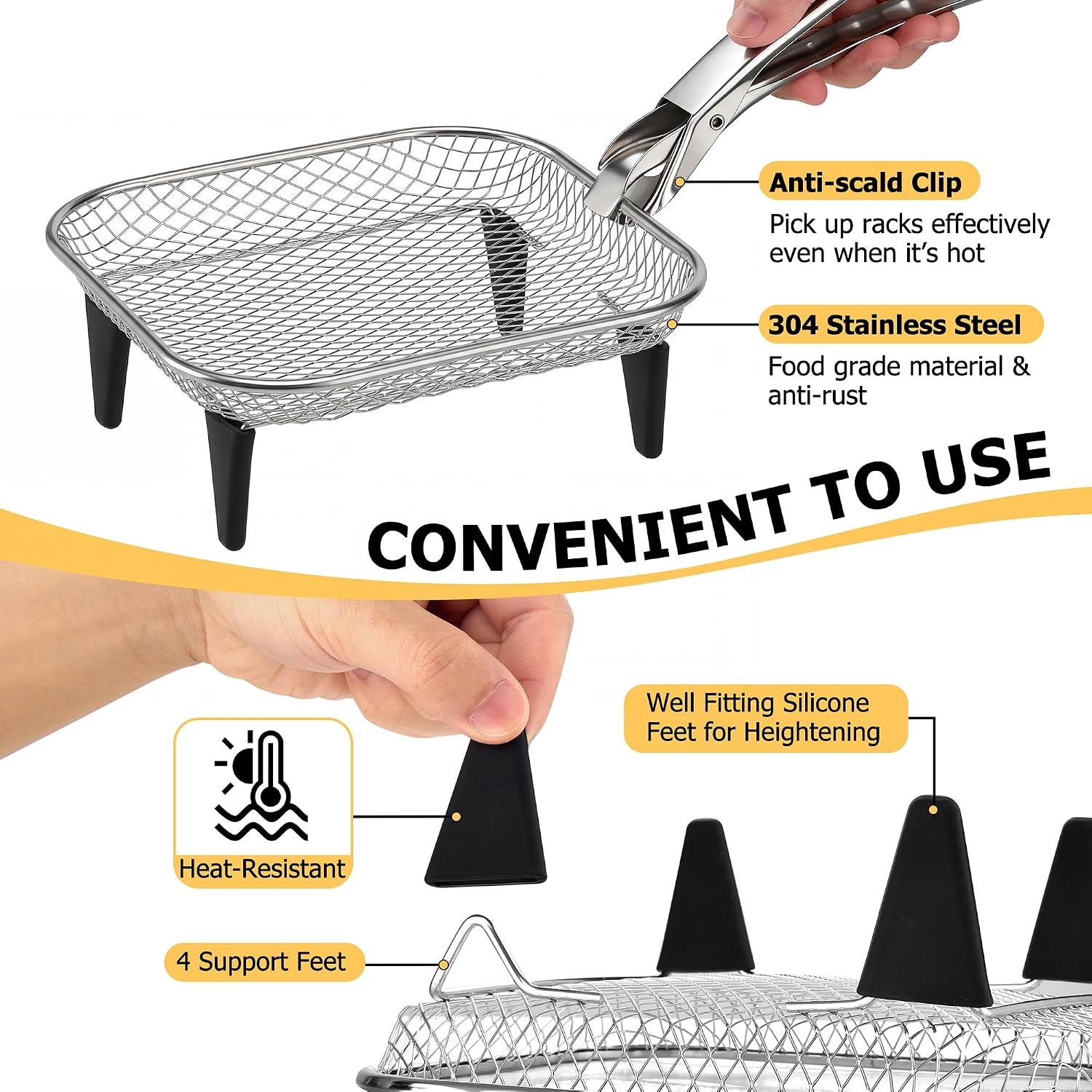 image:imageEfar Air Fryer Racks 77x53 Rectangle Dual Basket Air Fryer Accessories 3Tier Stackable Stainless Steel Cooking Rack Set for Frying Roasting WSilicon Feet amp Antiscald Clip Dishwasher Safe773 inch Square Rack
