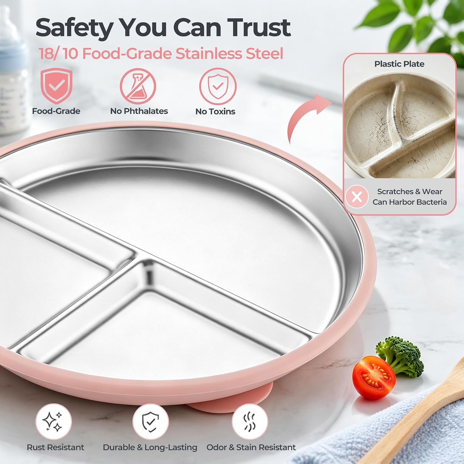 image:imageEfar Stainless Steel Toddler Suction Plates 2 Pack for Baby 3Section Divided Kids Plates amp Removable Silicone Suction Sleeves Unbreakable Stainless Steel Dishwasher SafeBluePinkPink Gray