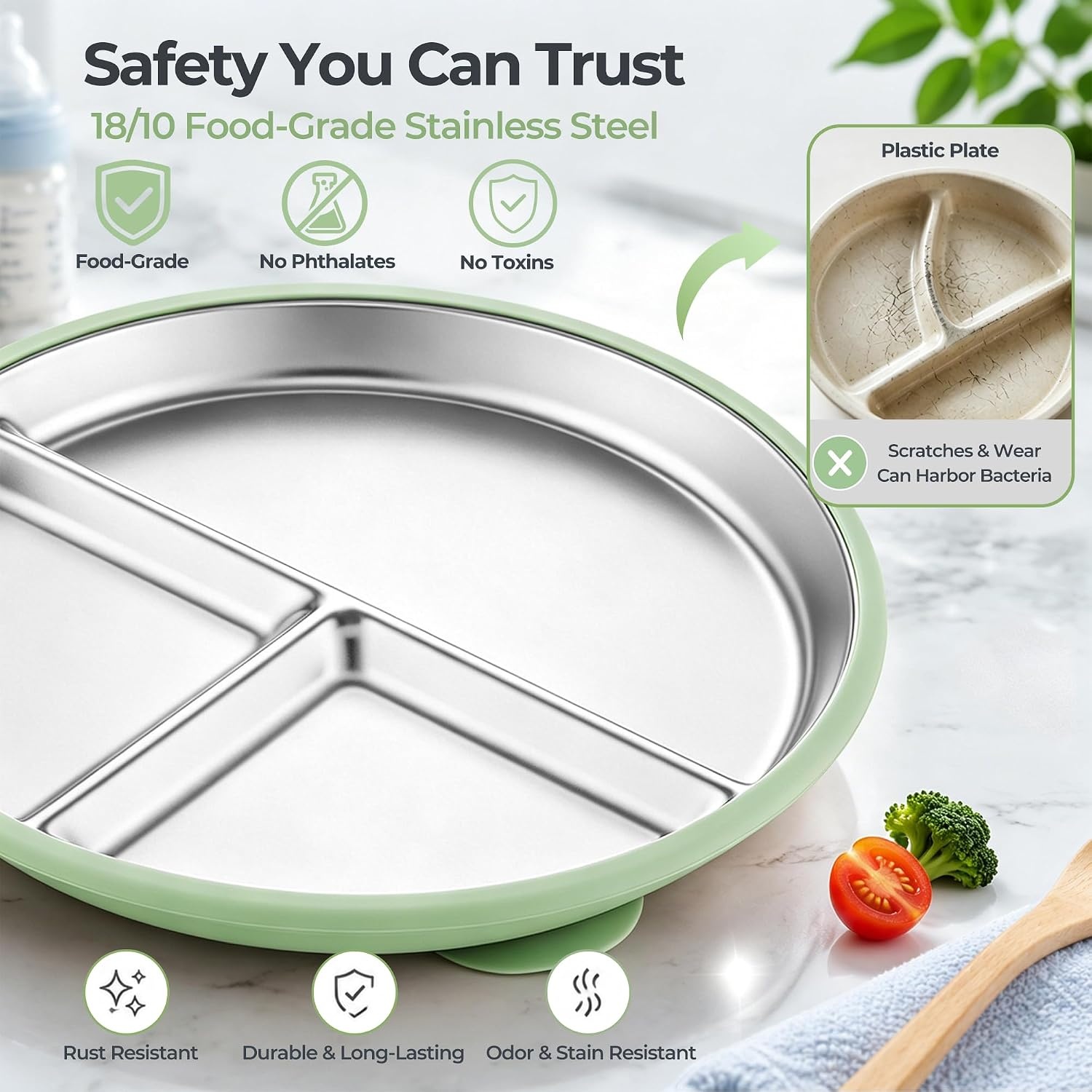 image:imageEfar Stainless Steel Toddler Suction Plates 2 Pack for Baby 3Section Divided Kids Plates amp Removable Silicone Suction Sleeves Unbreakable Stainless Steel Dishwasher SafeBluePinkBlue Green