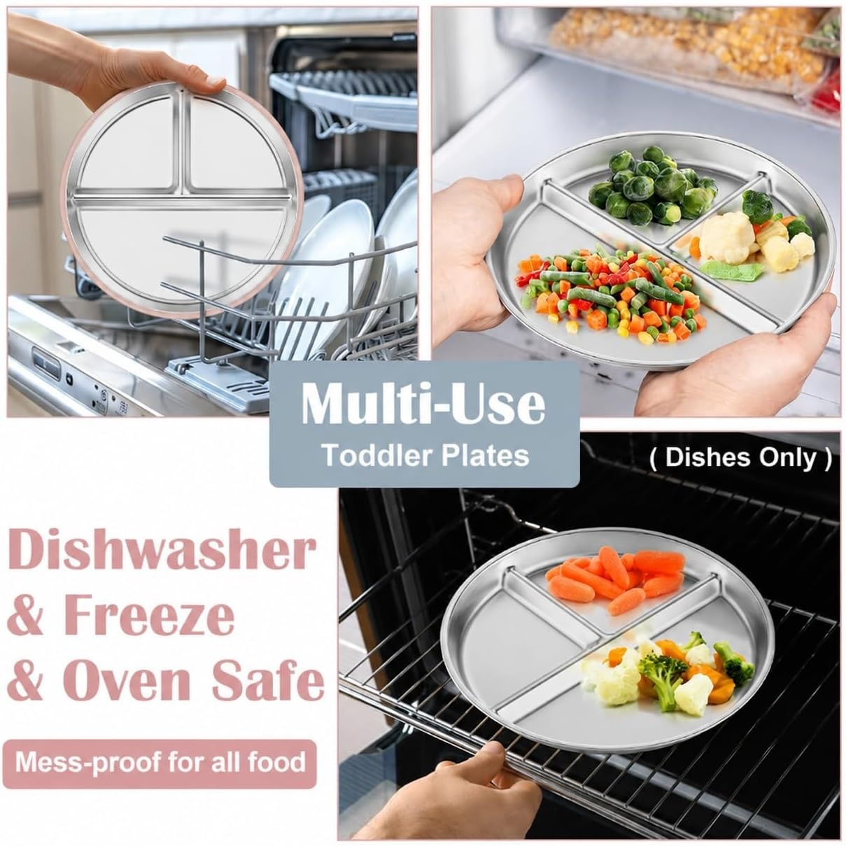 image:imageEfar Stainless Steel Toddler Suction Plates 2 Pack for Baby 3Section Divided Kids Plates amp Removable Silicone Suction Sleeves Unbreakable Stainless Steel Dishwasher SafeBluePinkPink Gray