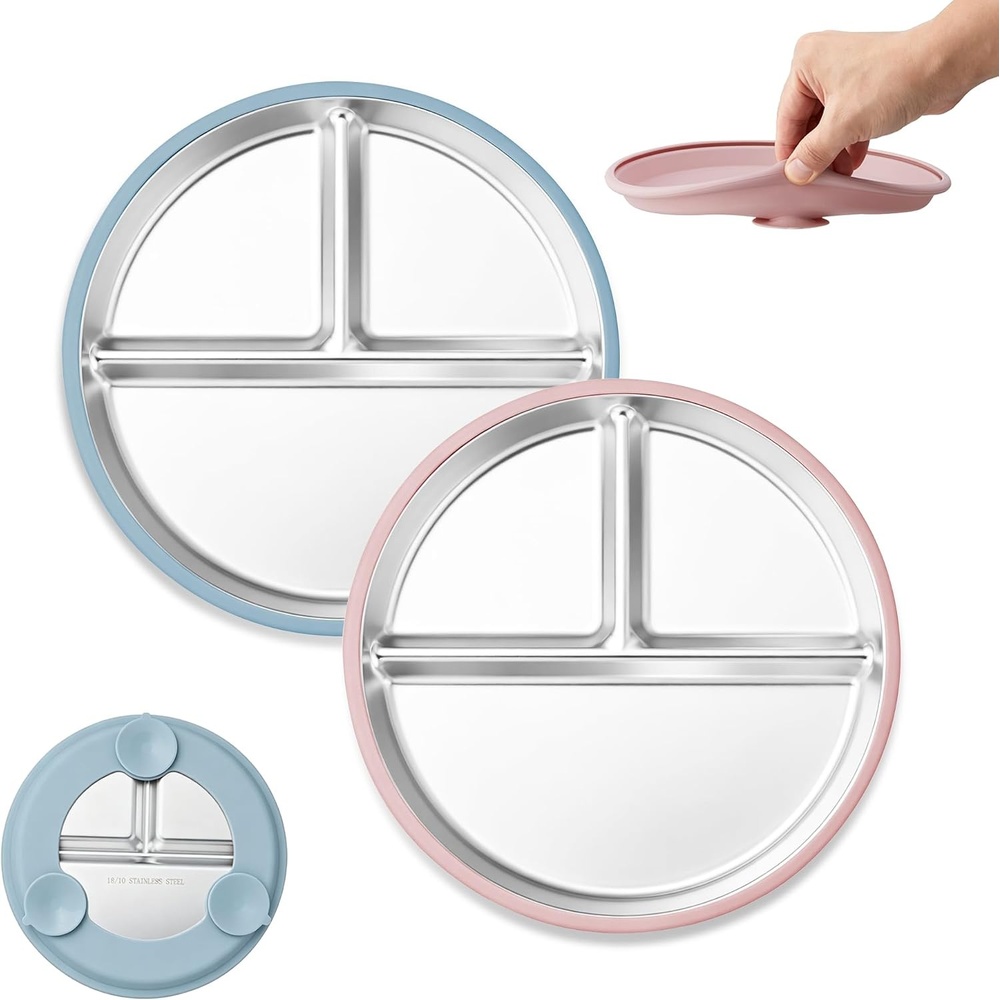 image:imageEfar Stainless Steel Toddler Suction Plates 2 Pack for Baby  3Section Divided Kids Plates amp Removable Silicone Suction Sleeves Unbreakable Stainless Steel Dishwasher SafeBluePinkBlue  Pink
