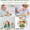 E-far Stainless Steel Toddler Suction Plates, 2 Pack for Baby | 3-Section Divided Kids Plates & Removable Silicone Suction Sleeves, Unbreakable Stainless Steel, Dishwasher Safe(Blue/Pink)(Blue & Green)