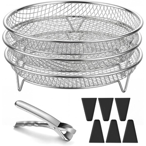 E-far Air Fryer Racks, 7.7×5.3” Rectangle Dual Basket Air Fryer Accessories, 3-Tier Stackable Stainless Steel Cooking Rack Set for Frying Roasting, W/Silicon Feet & Anti-scald Clip, Dishwasher Safe(7.9 inch Round Rack)