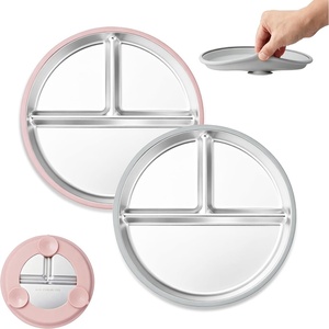 E-far Stainless Steel Toddler Suction Plates, 2 Pack for Baby | 3-Section Divided Kids Plates & Removable Silicone Suction Sleeves, Unbreakable Stainless Steel, Dishwasher Safe(Blue/Pink)(Pink & Gray)