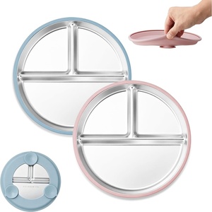 E-far Stainless Steel Toddler Suction Plates, 2 Pack for Baby | 3-Section Divided Kids Plates & Removable Silicone Suction Sleeves, Unbreakable Stainless Steel, Dishwasher Safe(Blue/Pink)(Blue & Pink)