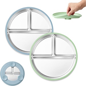 E-far Stainless Steel Toddler Suction Plates, 2 Pack for Baby | 3-Section Divided Kids Plates & Removable Silicone Suction Sleeves, Unbreakable Stainless Steel, Dishwasher Safe(Blue/Pink)(Blue & Green)