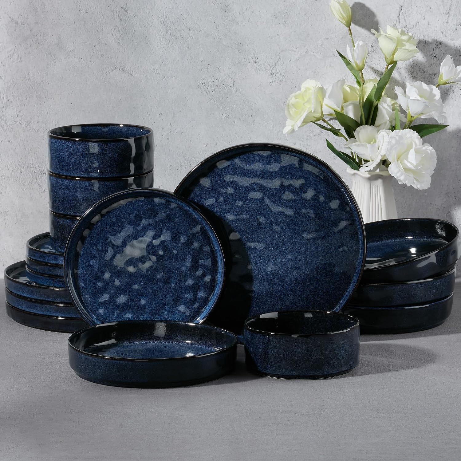 image:imageEfar Stoneware Dinnerware Set 12Piece White Plates and Bowls Sets for 4 Modern Ripple Design Dishes Set for Kitchen Dining Chip amp Scratch Resistant Microwave amp Dishwasher Safe Speckled WhiteStarry Blue