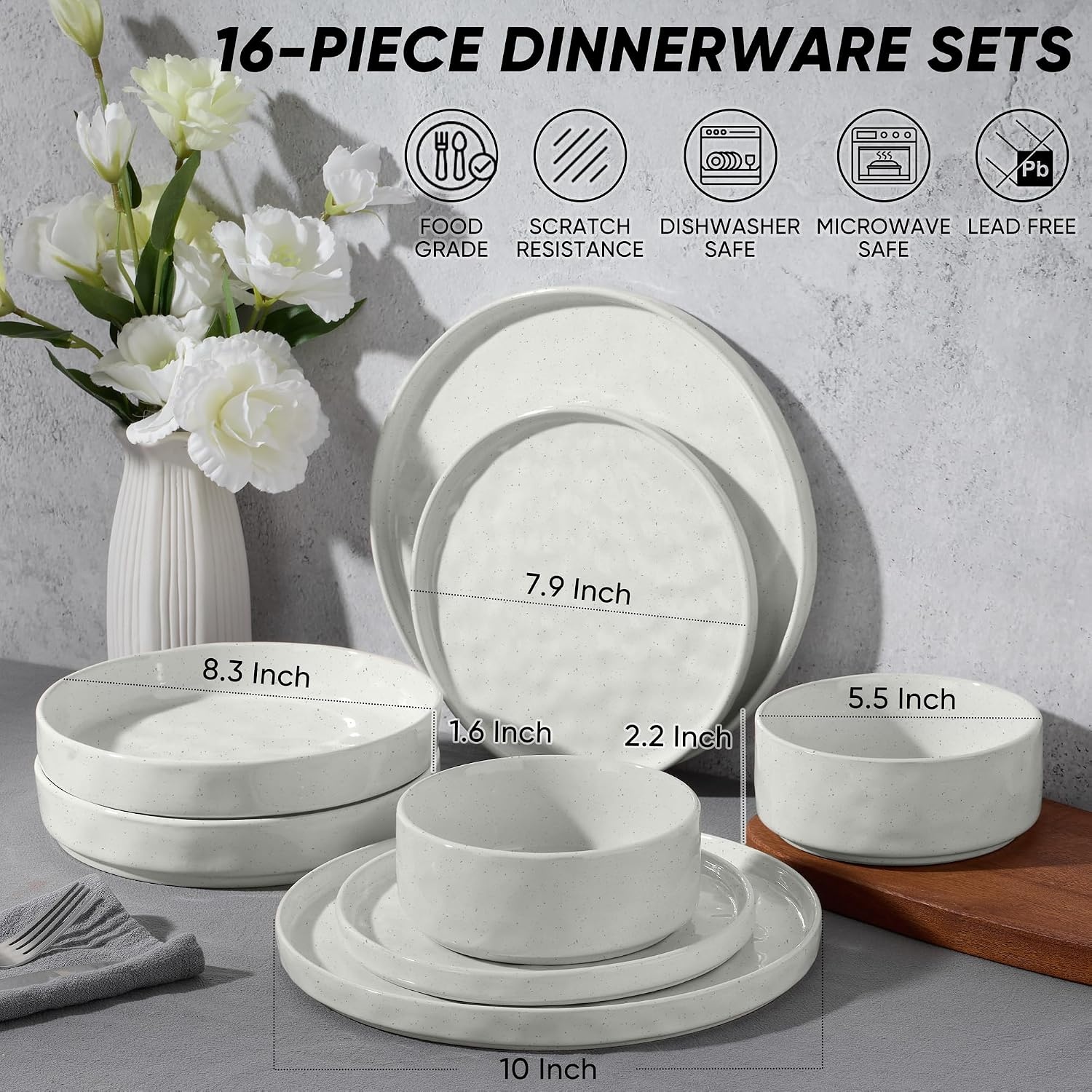 image:imageEfar Stoneware Dinnerware Set 12Piece White Plates and Bowls Sets for 4 Modern Ripple Design Dishes Set for Kitchen Dining Chip amp Scratch Resistant Microwave amp Dishwasher Safe Speckled WhiteSpeckled White