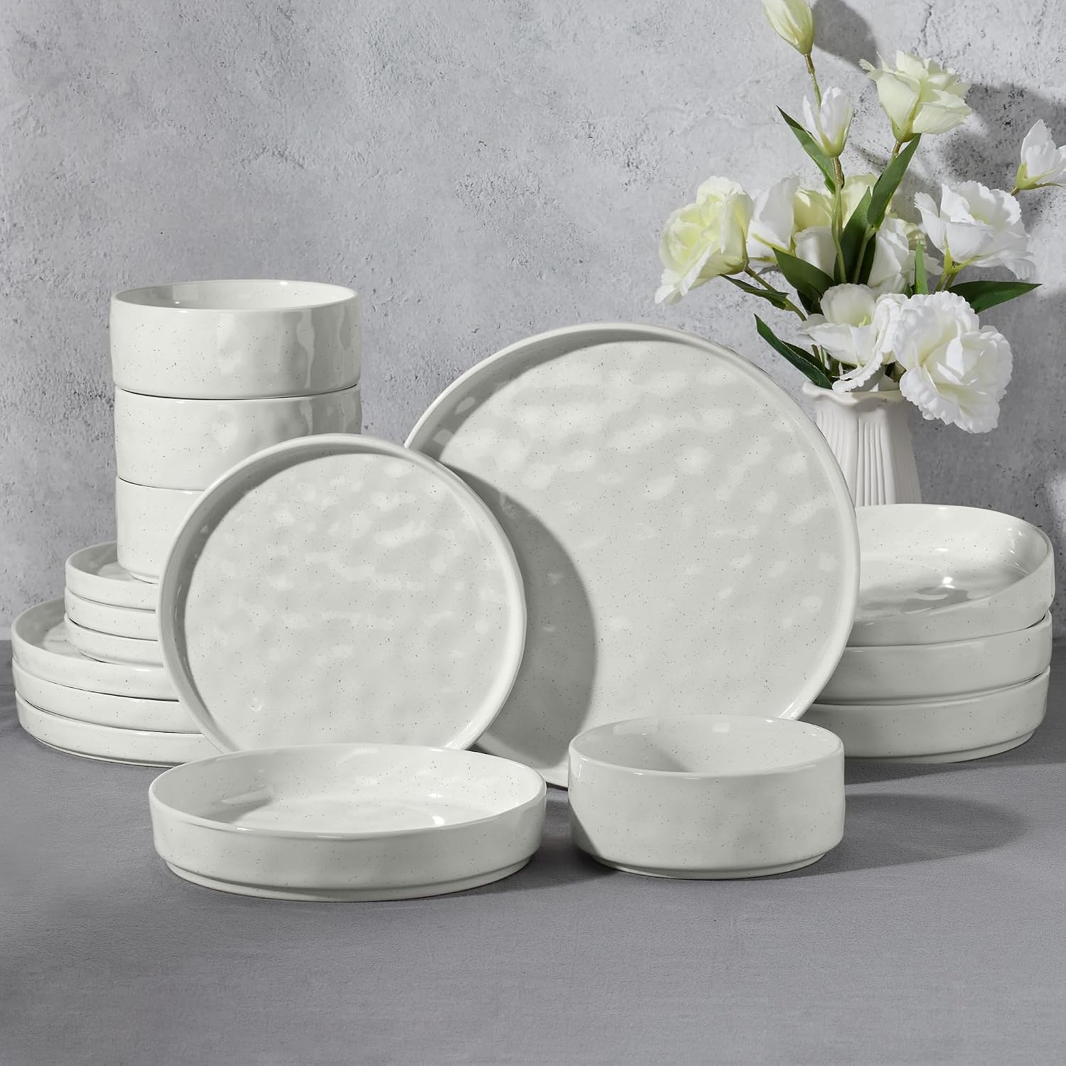 image:imageEfar Stoneware Dinnerware Set 12Piece White Plates and Bowls Sets for 4 Modern Ripple Design Dishes Set for Kitchen Dining Chip amp Scratch Resistant Microwave amp Dishwasher Safe Speckled WhiteSpeckled White