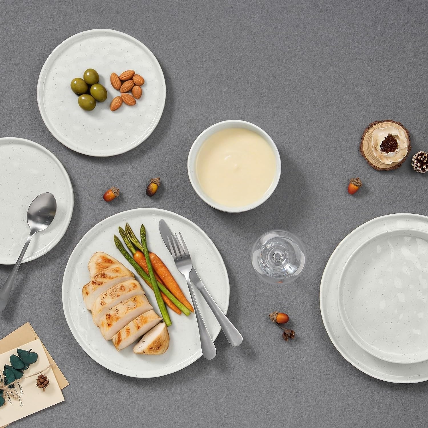 image:imageEfar Stoneware Dinnerware Set 12Piece White Plates and Bowls Sets for 4 Modern Ripple Design Dishes Set for Kitchen Dining Chip amp Scratch Resistant Microwave amp Dishwasher Safe Speckled WhiteSpeckled White
