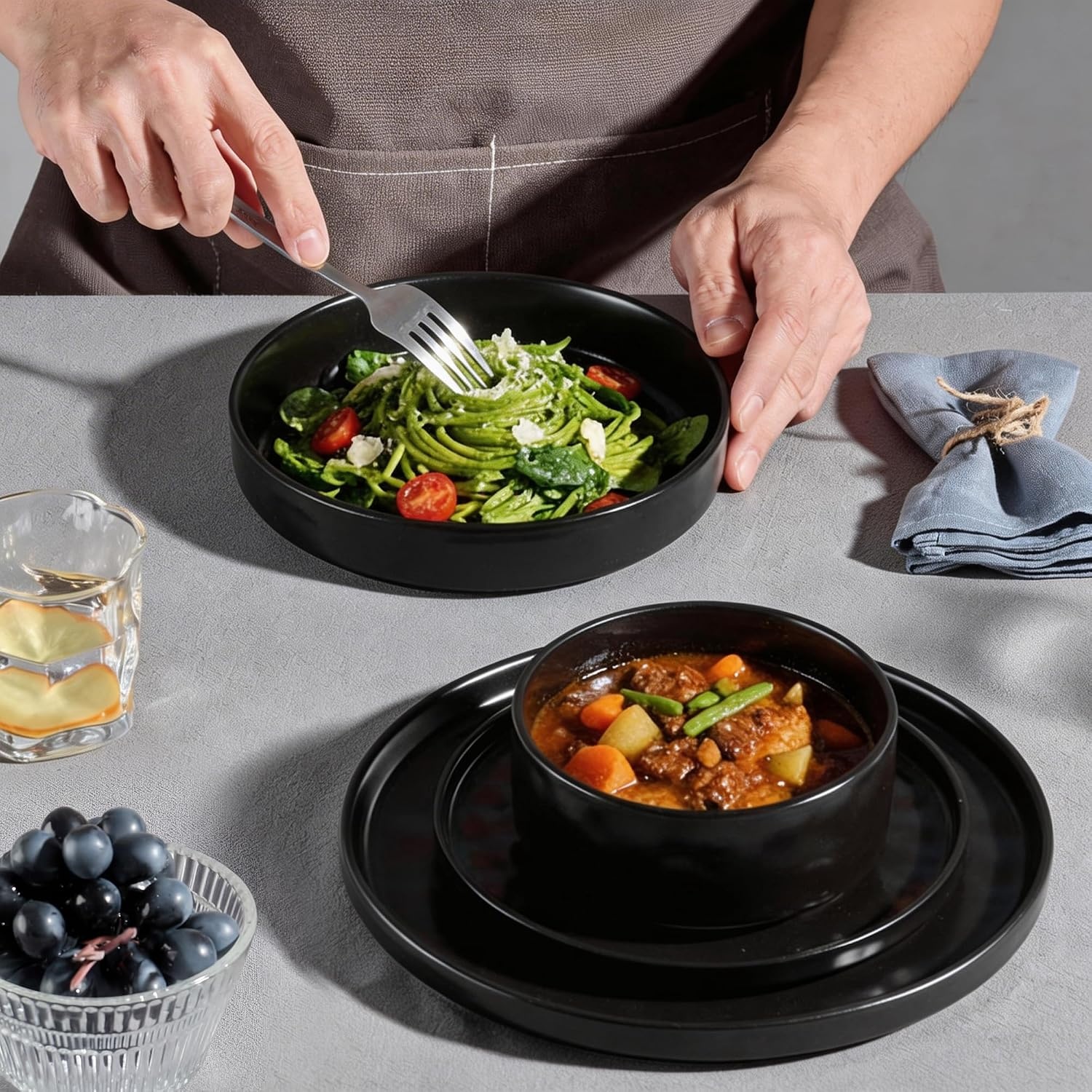 image:imageEfar Stoneware Dinnerware Set 12Piece White Plates and Bowls Sets for 4 Modern Ripple Design Dishes Set for Kitchen Dining Chip amp Scratch Resistant Microwave amp Dishwasher Safe Speckled WhiteMatte Black