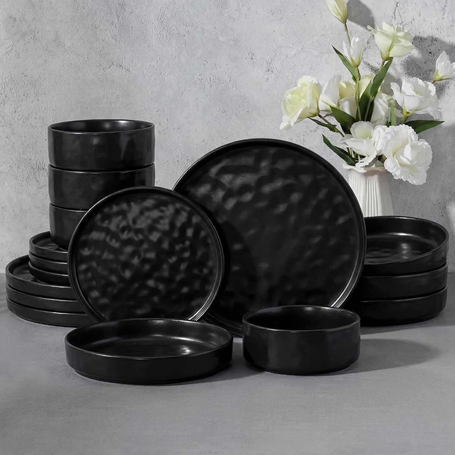 image:imageEfar Stoneware Dinnerware Set 12Piece White Plates and Bowls Sets for 4 Modern Ripple Design Dishes Set for Kitchen Dining Chip amp Scratch Resistant Microwave amp Dishwasher Safe Speckled WhiteMatte Black