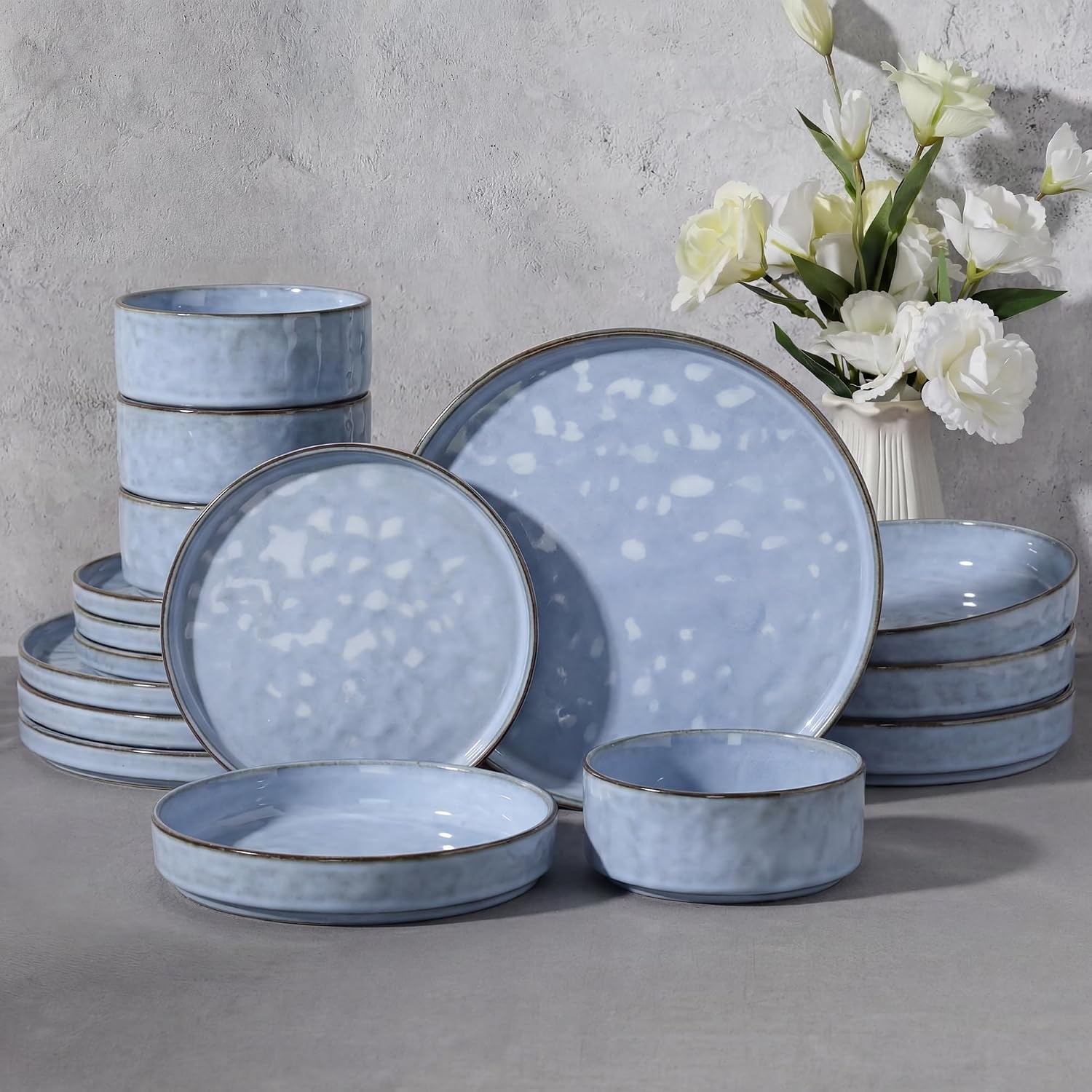 image:imageEfar Stoneware Dinnerware Set 12Piece White Plates and Bowls Sets for 4 Modern Ripple Design Dishes Set for Kitchen Dining Chip amp Scratch Resistant Microwave amp Dishwasher Safe Speckled WhiteReactive Blue
