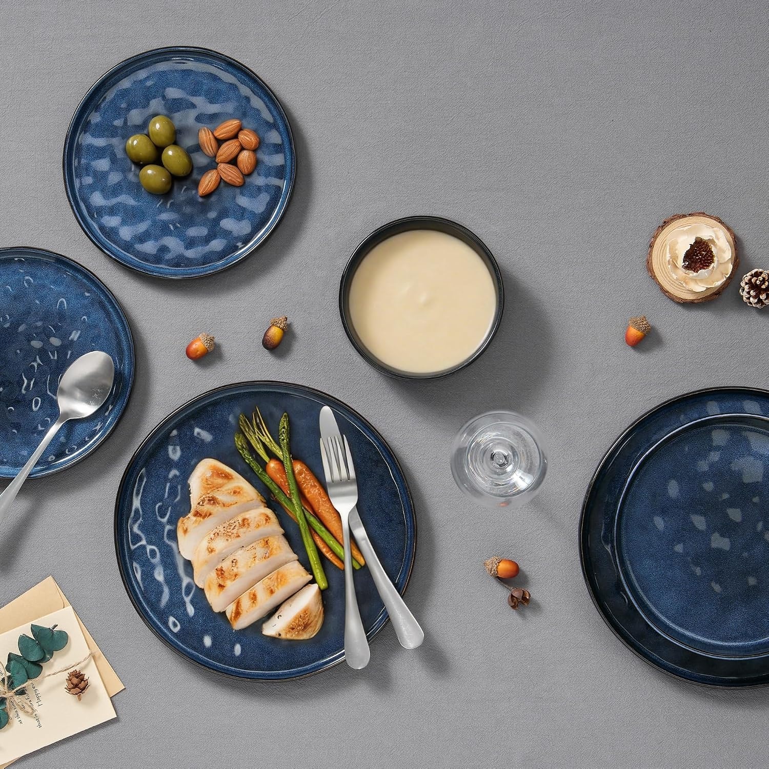 image:imageEfar Stoneware Dinnerware Set 12Piece White Plates and Bowls Sets for 4 Modern Ripple Design Dishes Set for Kitchen Dining Chip amp Scratch Resistant Microwave amp Dishwasher Safe Speckled WhiteStarry Blue