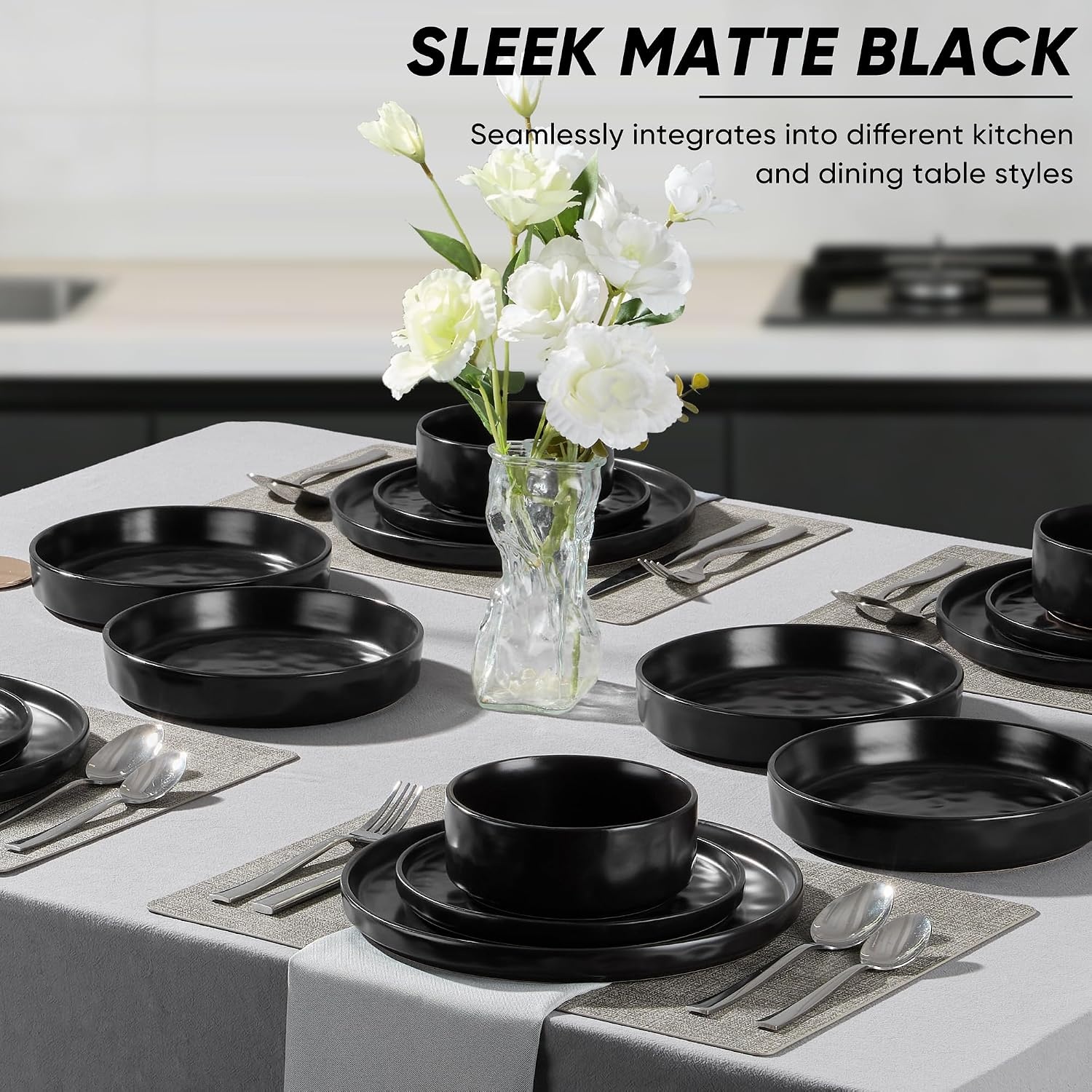 image:imageEfar Stoneware Dinnerware Set 12Piece White Plates and Bowls Sets for 4 Modern Ripple Design Dishes Set for Kitchen Dining Chip amp Scratch Resistant Microwave amp Dishwasher Safe Speckled WhiteMatte Black