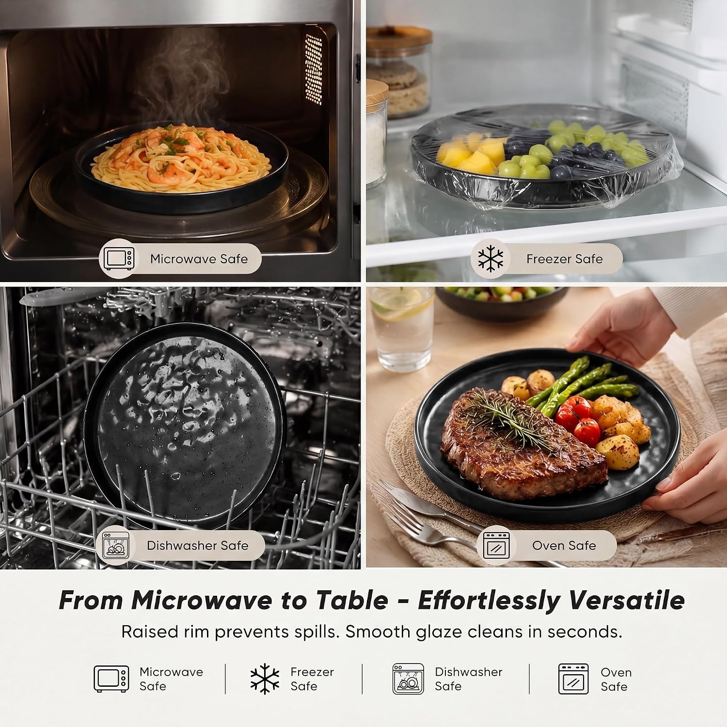 image:imageEfar Stoneware Dinnerware Set 12Piece White Plates and Bowls Sets for 4 Modern Ripple Design Dishes Set for Kitchen Dining Chip amp Scratch Resistant Microwave amp Dishwasher Safe Speckled WhiteMatte Black