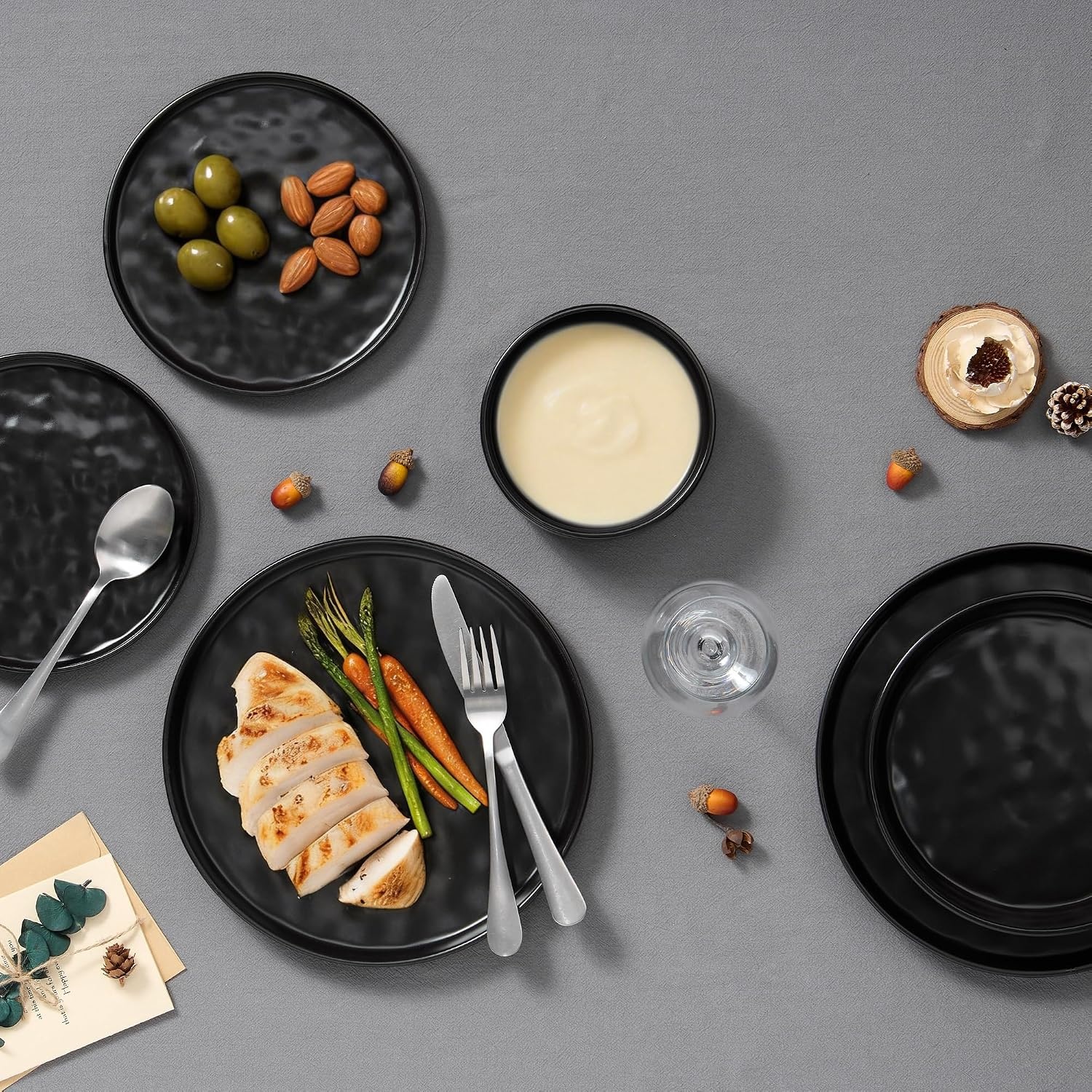 image:imageEfar Stoneware Dinnerware Set 12Piece White Plates and Bowls Sets for 4 Modern Ripple Design Dishes Set for Kitchen Dining Chip amp Scratch Resistant Microwave amp Dishwasher Safe Speckled WhiteMatte Black