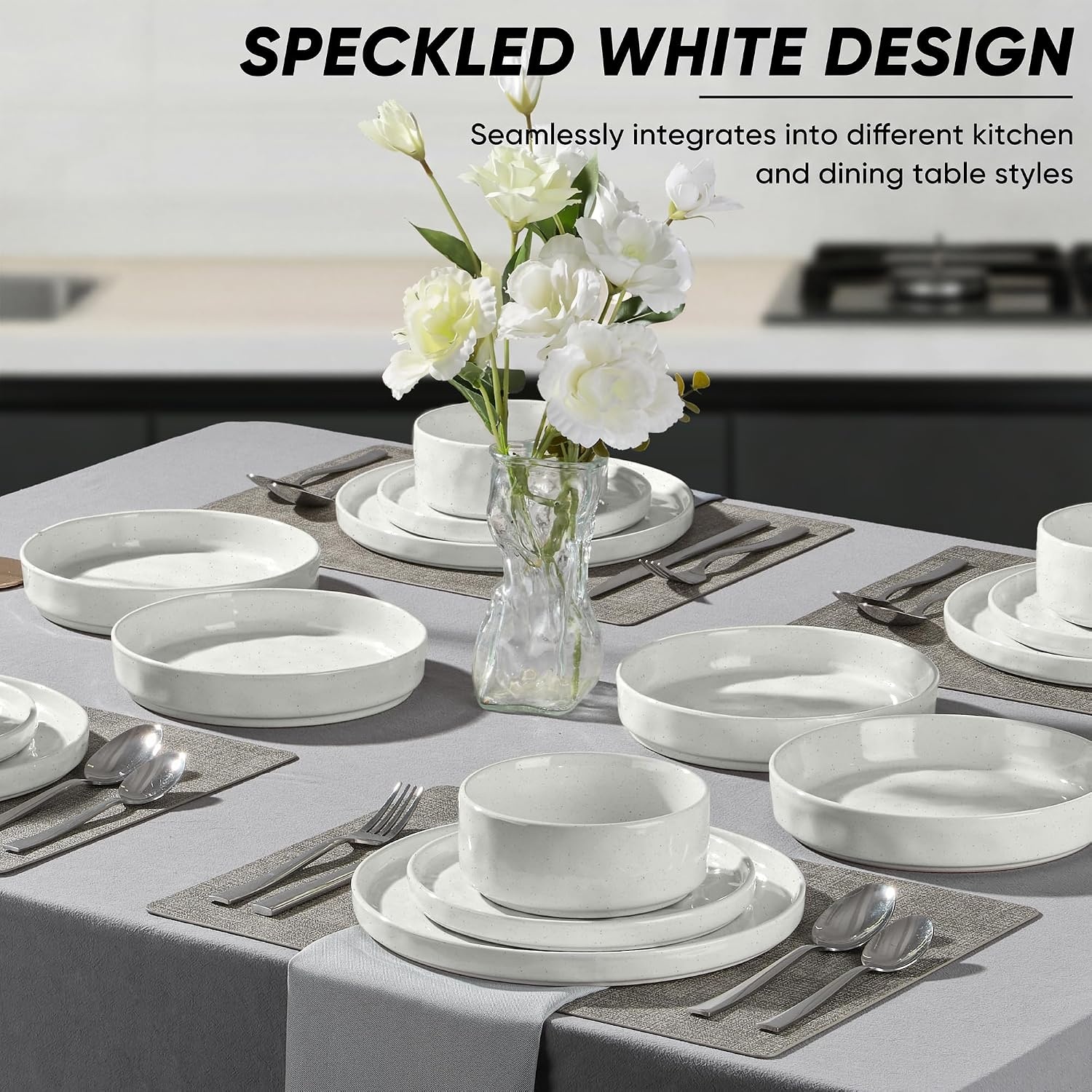 image:imageEfar Stoneware Dinnerware Set 12Piece White Plates and Bowls Sets for 4 Modern Ripple Design Dishes Set for Kitchen Dining Chip amp Scratch Resistant Microwave amp Dishwasher Safe Speckled WhiteSpeckled White