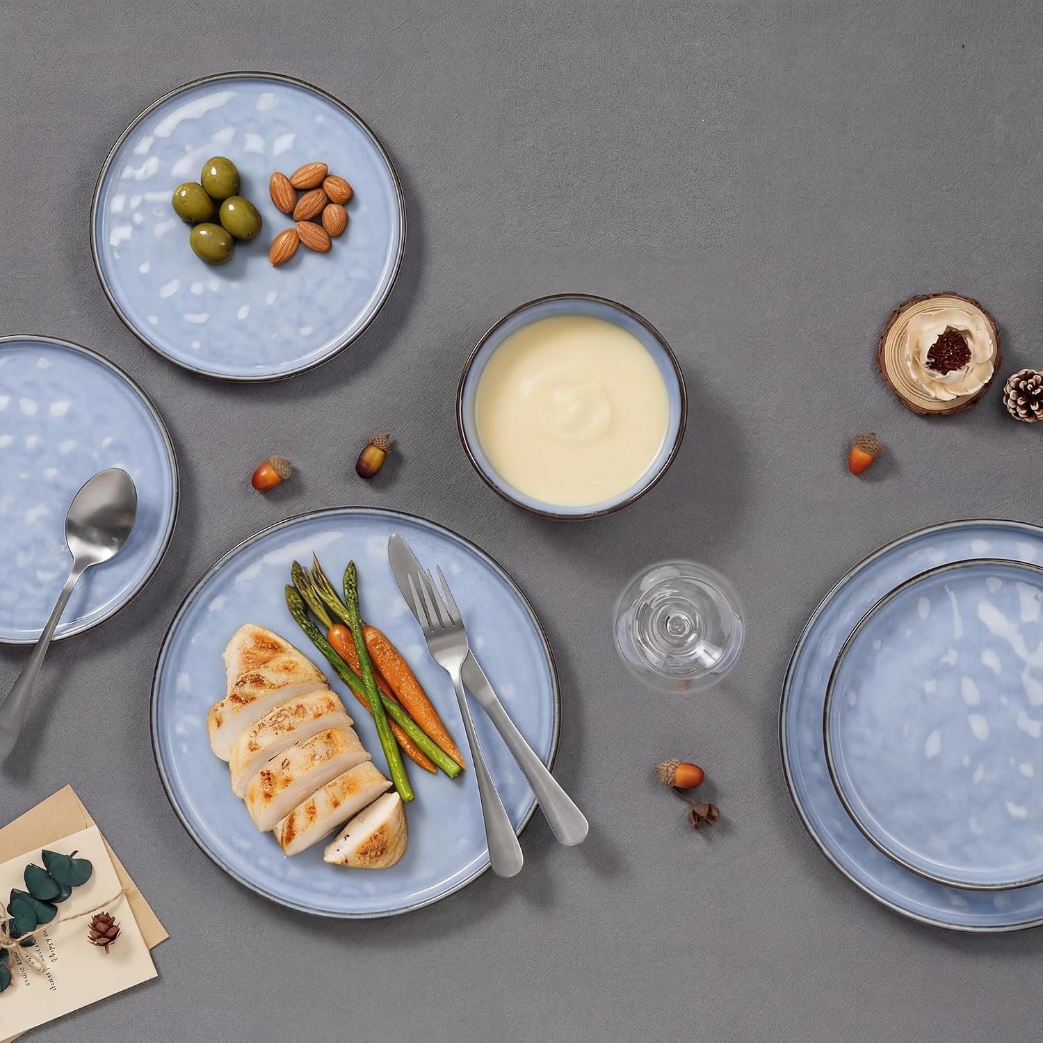 image:imageEfar Stoneware Dinnerware Set 12Piece White Plates and Bowls Sets for 4 Modern Ripple Design Dishes Set for Kitchen Dining Chip amp Scratch Resistant Microwave amp Dishwasher Safe Speckled WhiteReactive Blue