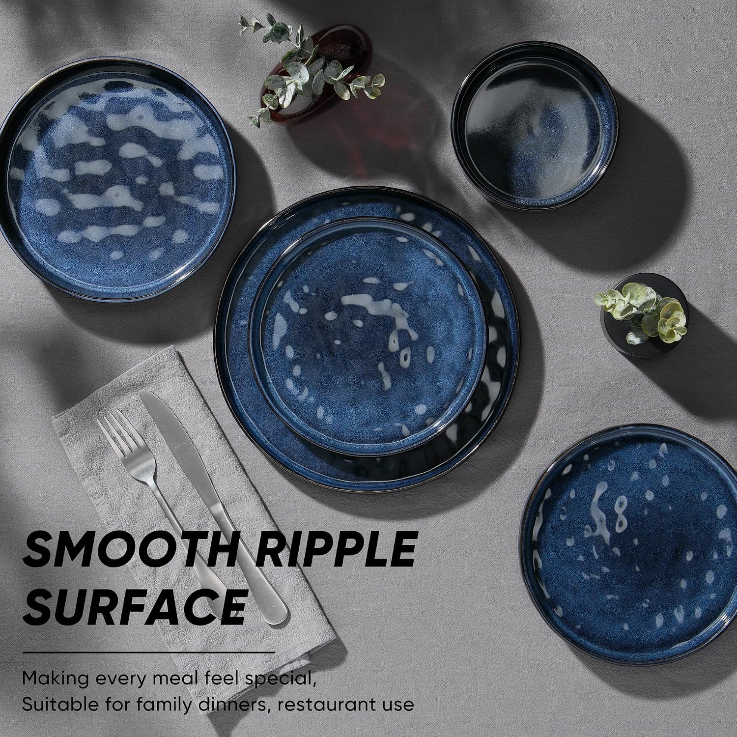 image:imageEfar Stoneware Dinnerware Set 12Piece White Plates and Bowls Sets for 4 Modern Ripple Design Dishes Set for Kitchen Dining Chip amp Scratch Resistant Microwave amp Dishwasher Safe Speckled WhiteStarry Blue