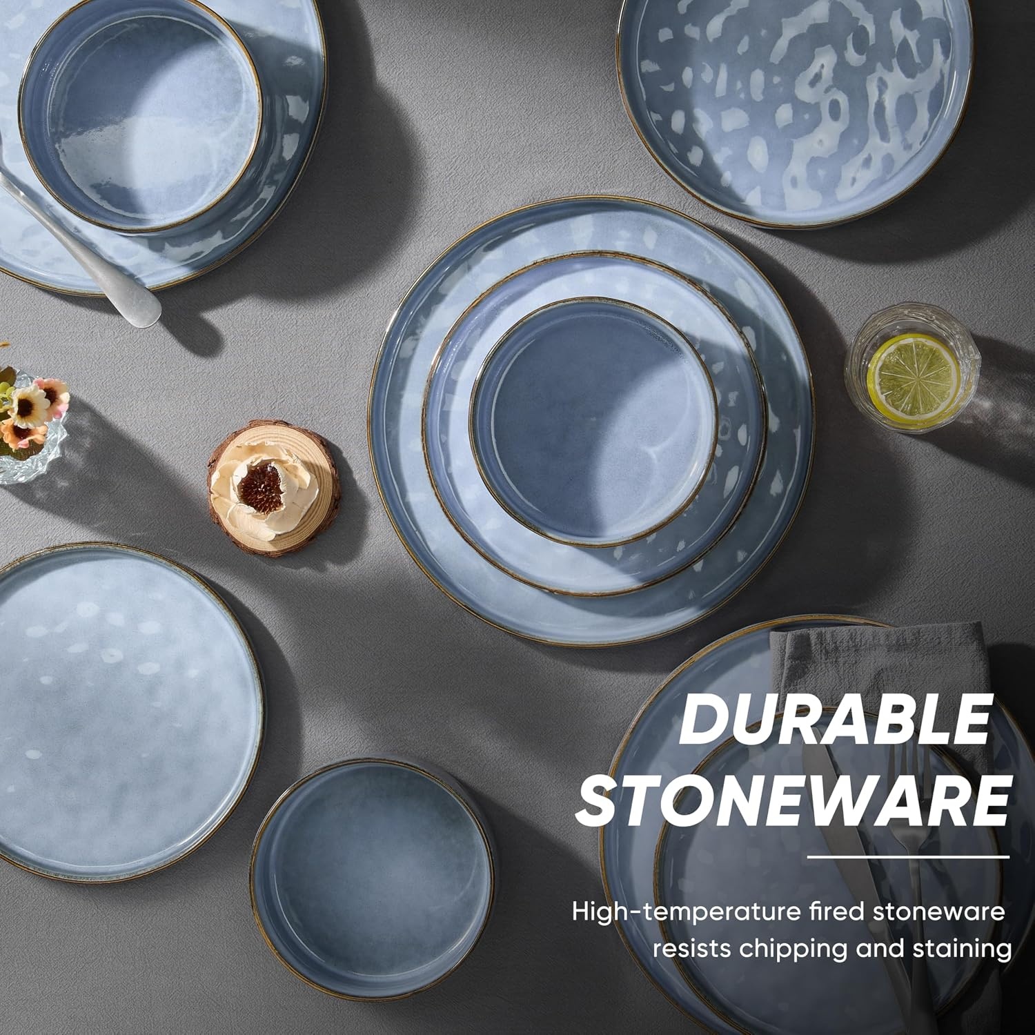 image:imageEfar Stoneware Dinnerware Set 12Piece White Plates and Bowls Sets for 4 Modern Ripple Design Dishes Set for Kitchen Dining Chip amp Scratch Resistant Microwave amp Dishwasher Safe Speckled WhiteReactive Blue