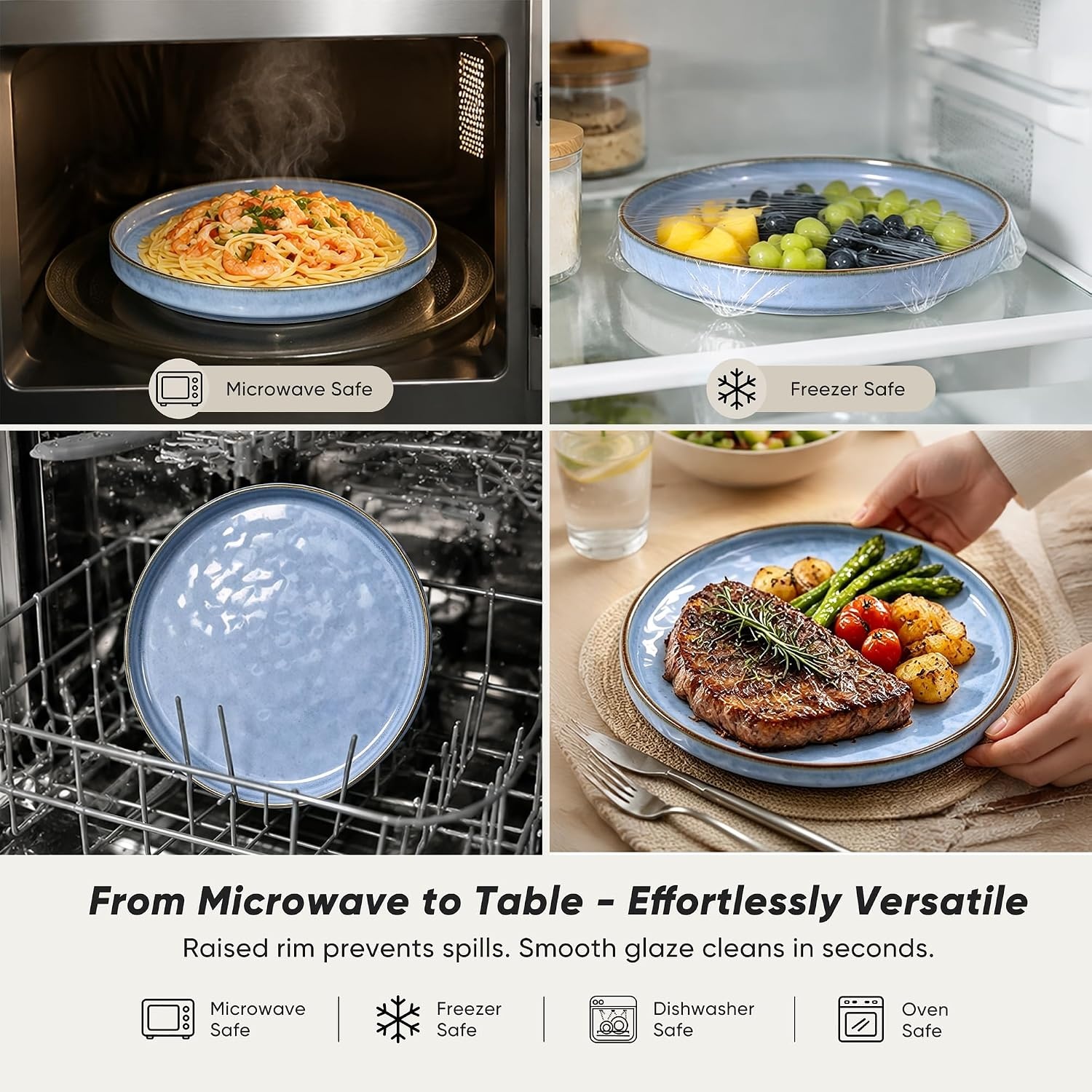 image:imageEfar Stoneware Dinnerware Set 12Piece White Plates and Bowls Sets for 4 Modern Ripple Design Dishes Set for Kitchen Dining Chip amp Scratch Resistant Microwave amp Dishwasher Safe Speckled WhiteReactive Blue